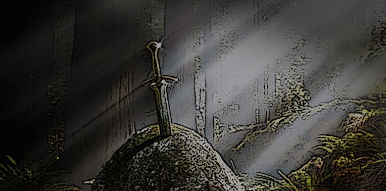 Illustration de l'épée plantée dans le rocher au milieu de la forêt.